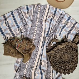 New Boho Southwestern Print Kimono Maxi Duster Peach Blue Black